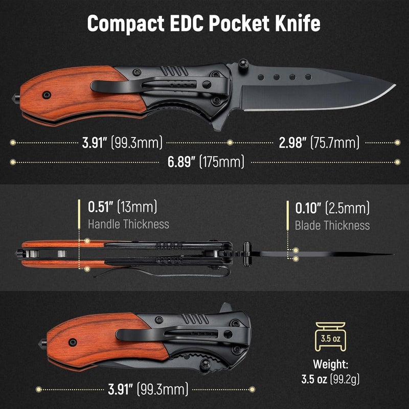 KEXMO Pocket Knife for Men - 2.98" Sharp Blade Wood Handle Pocket Folding Knives with Clip, Glass Breaker - Small EDC Knives for Survival Camping Hunting Fishing Hiking Women, Black - Image 2